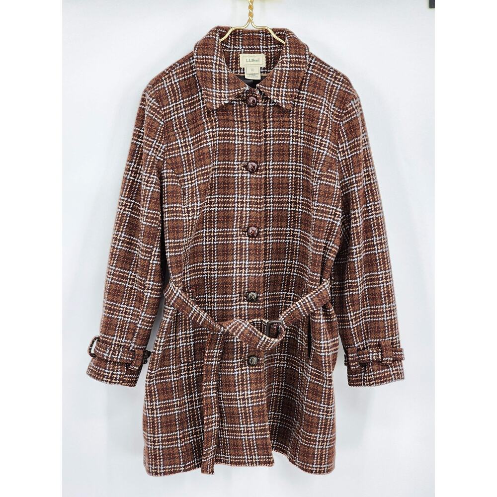 L.L. Bean Women's Plaid Brown Wool Belted Coat Size XL